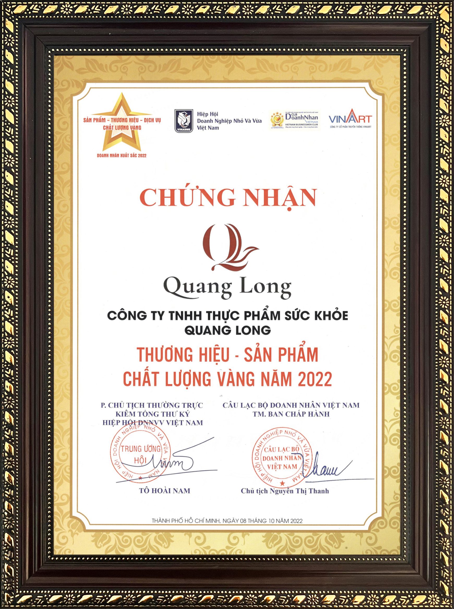 Chứng nhận thương hiệu sản phẩm Chất lượng Vàng